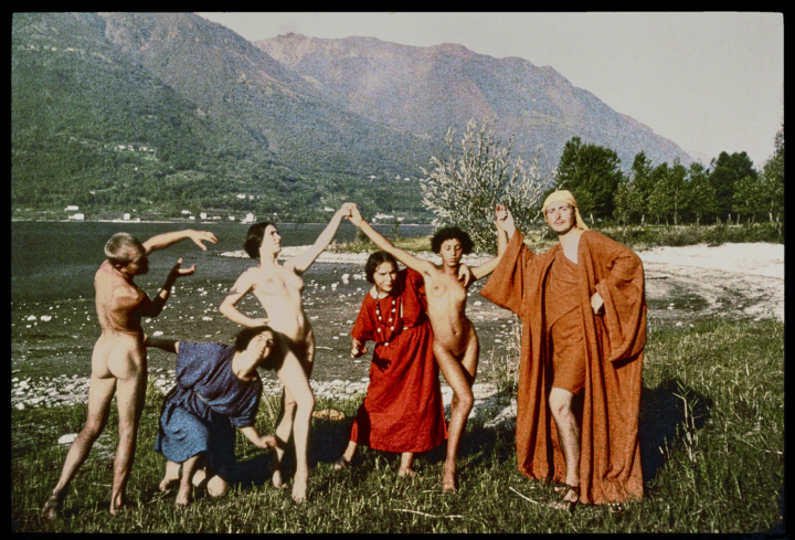 From left, dancers Totimo, Suzanne Perrottet, Katja Wulff, Maja Lederer, Betty Baaron Samoa, and Rudolf von Laban at Monte Verità in Ascona, Switzerland, 1914